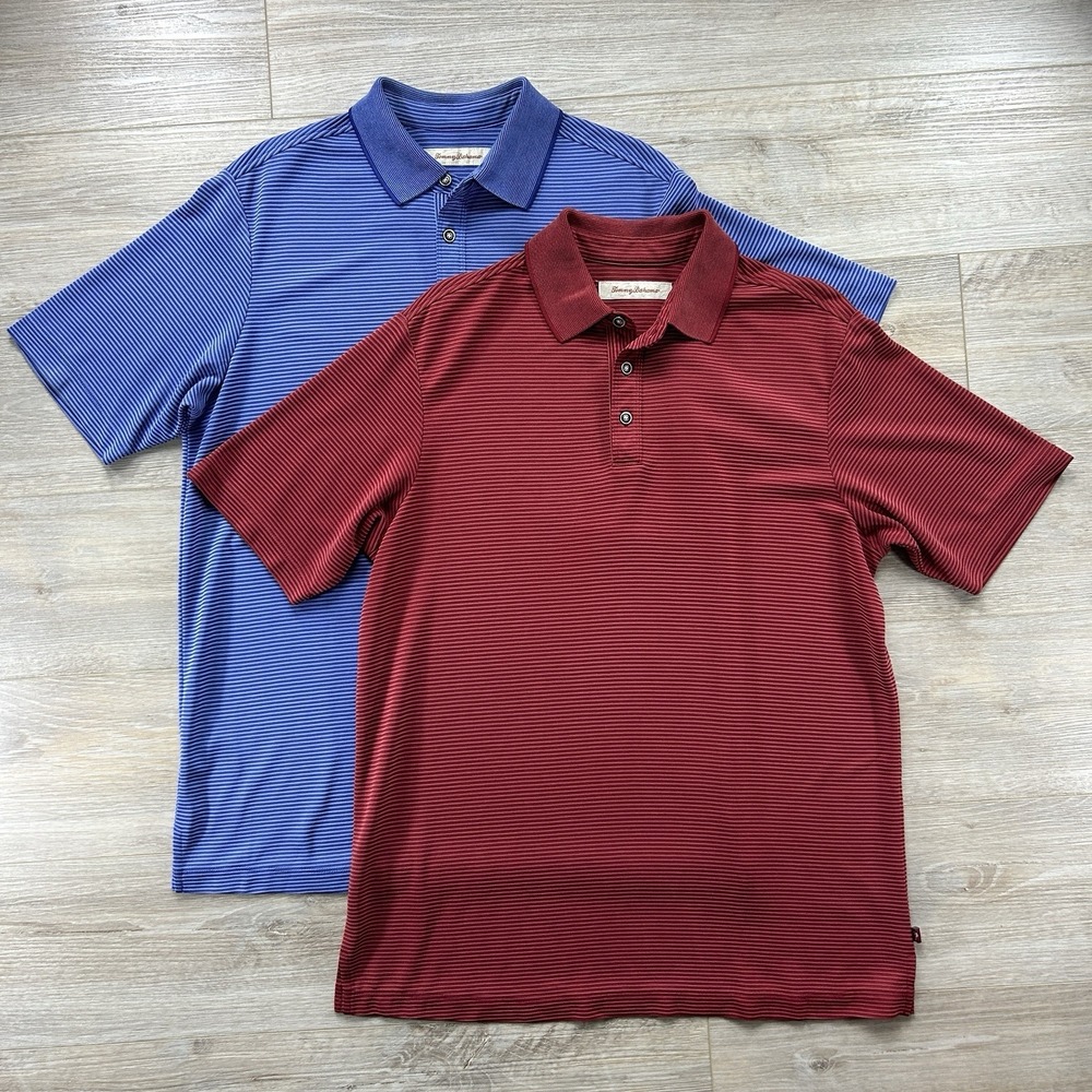 Tommy Bahama Small Blue Red Stripe Modal Polyester Short Sleeve Polo Lot Of 2